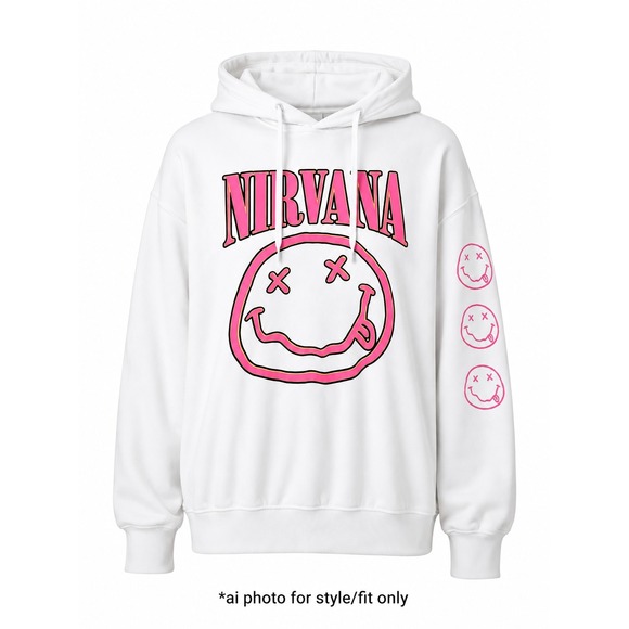 H&M Tops - H&M Nirvana Womens Hoodie White Pink Smiley Face Graphic Cotton Blend Fleece L